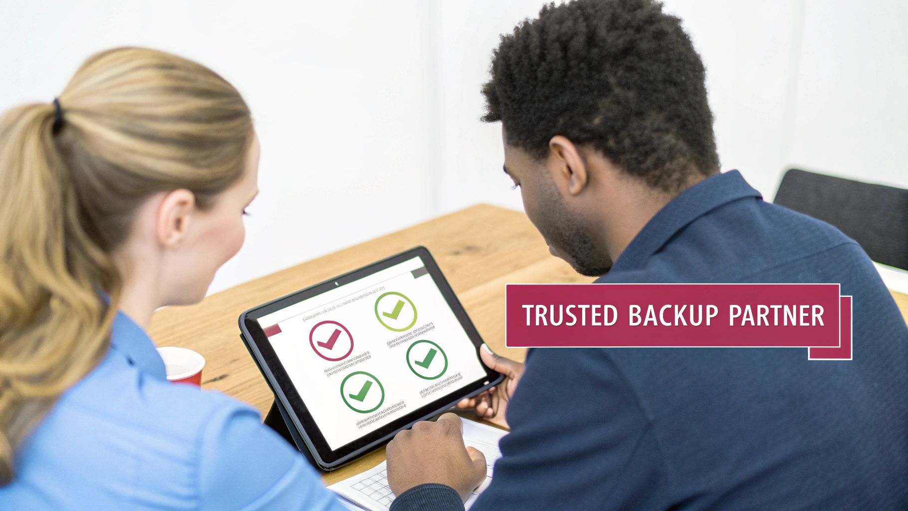 Two Colleagues Reviewing Backup Solution Options On A Tablet, With A 'Trusted Backup Partner' Overlay.