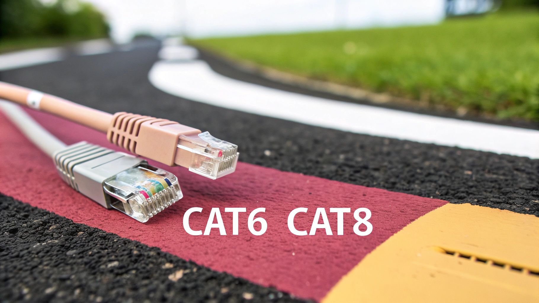 Cat6 Vs Cat8: The Right Choice For Your Professional Services Firm Two Ethernet Cables Cat6 And Cat8 Lying On Asphalt Road With Red Lane Marking