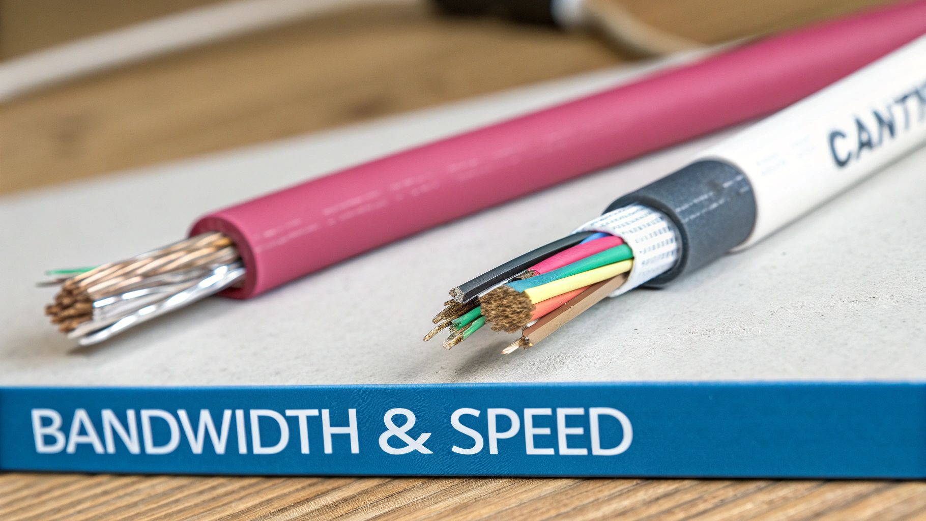 Cat 7 Vs Cat 8: Which Ethernet Cable Is Right For Your Business? Two Stripped Network Cables, One Pink And One White, Revealing Their Internal Wires, With Text 'Bandwidth &Amp; Speed'.