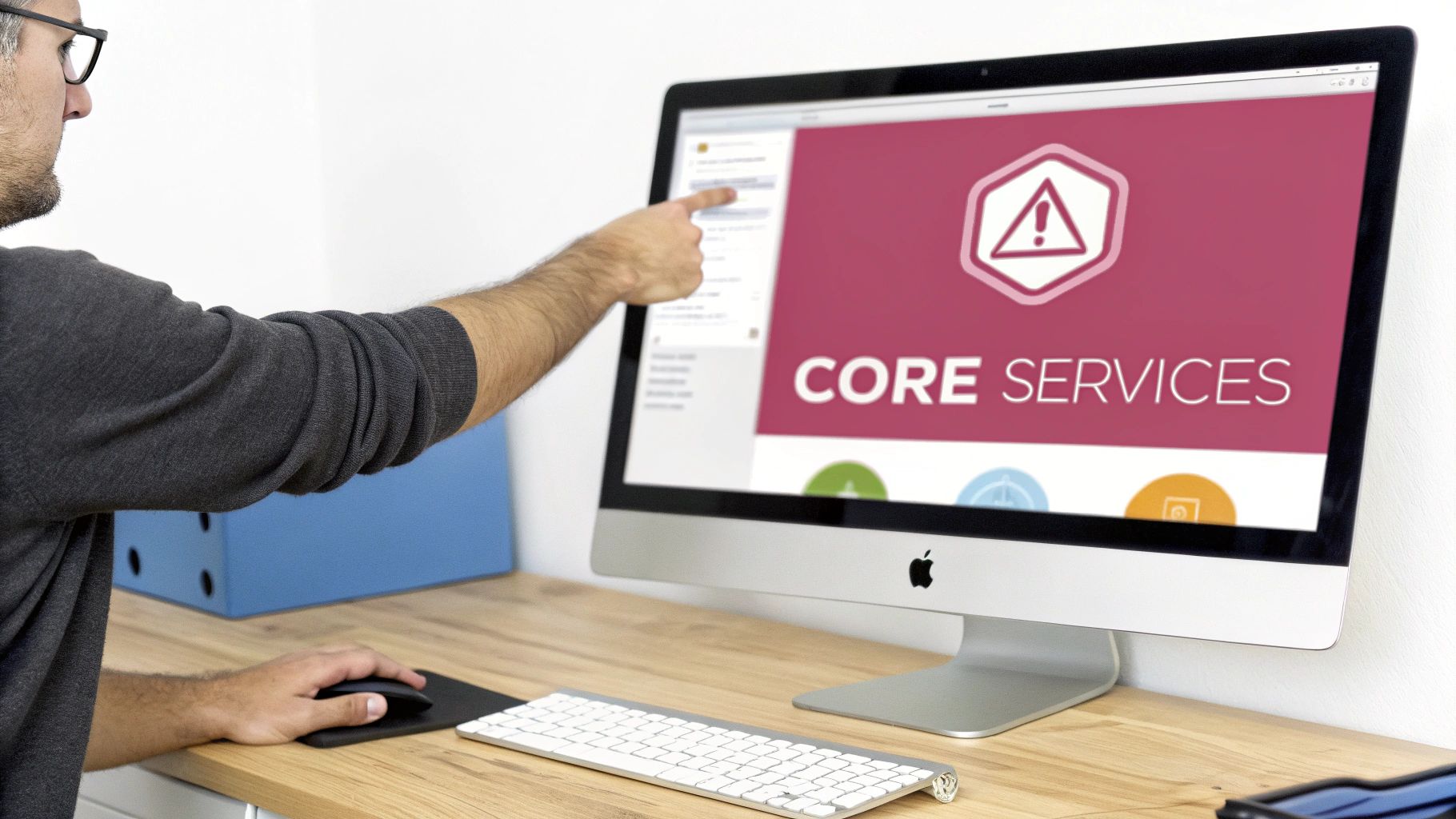 What Is It Support: Your Guide To It Help For Uk Businesses A Person Points To A Desktop Computer Screen Displaying 'Core Services' With An Alert Icon.