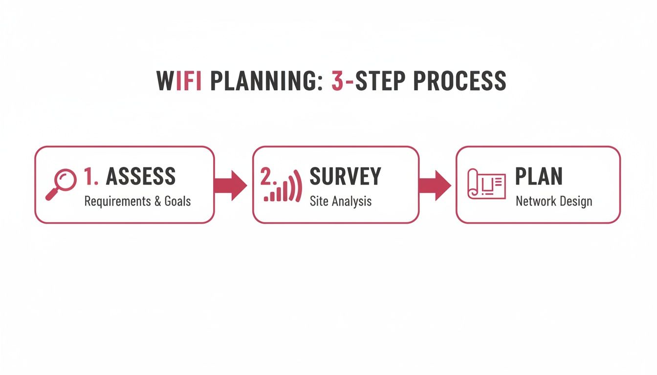 A Guide To High-Performance Wifi In Office Environments A Three-Step Process For Wifi Planning, Outlining Assess Requirements, Survey Site Analysis, And Plan Network Design.