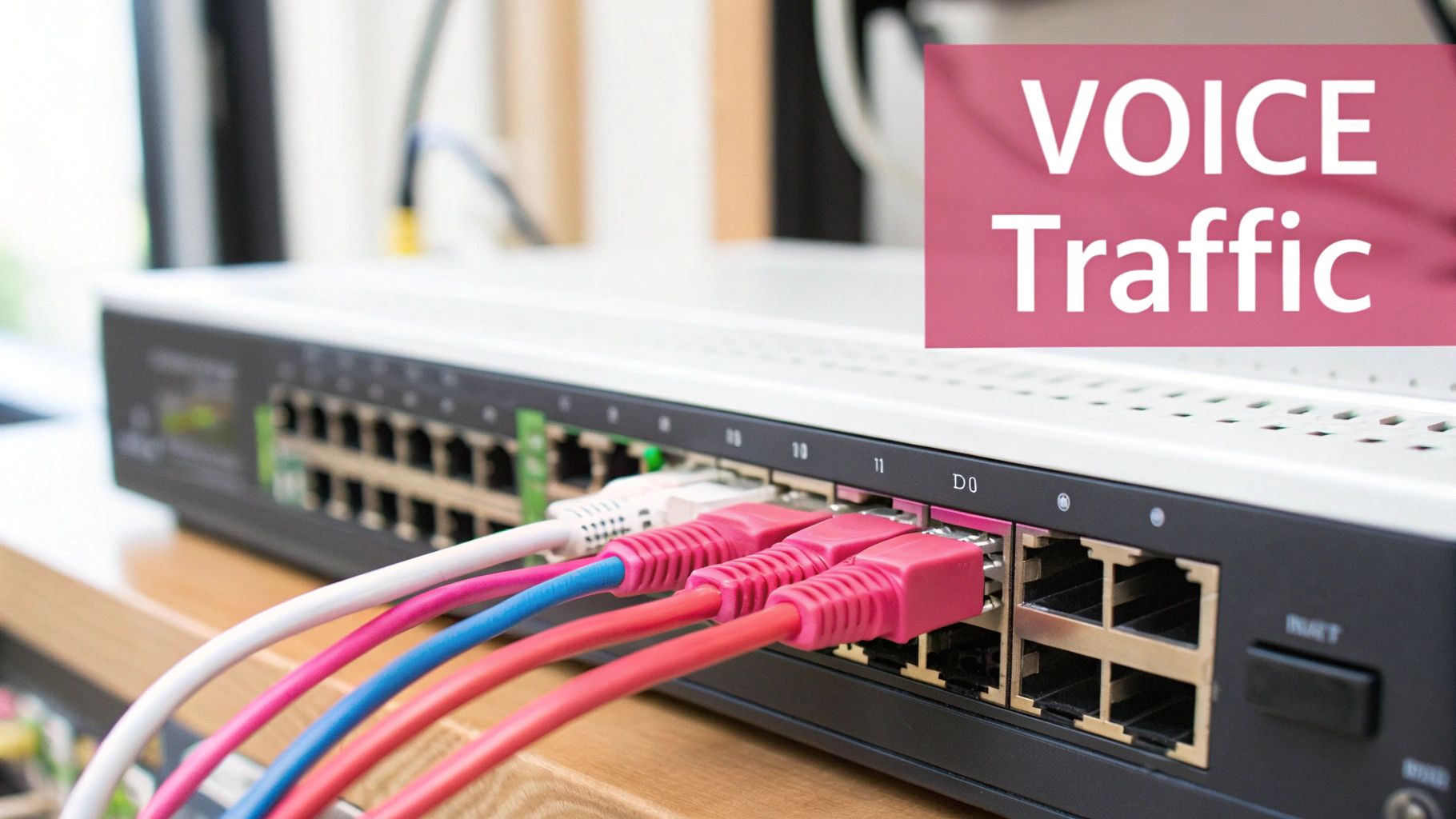 A Business Guide To The Voice Over Ip Router Close-Up Of A Network Router With Various Colored Ethernet Cables, Labelled 'Voice Traffic'.