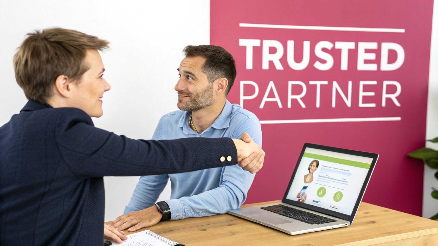 Two Professionals Shaking Hands During A Business Meeting With A Laptop And A 'Trusted Partner' Sign.