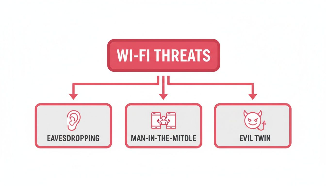 A Diagram Illustrating Common Wi-Fi Threats: Eavesdropping, Man-In-The-Middle, And Evil Twin Attacks.