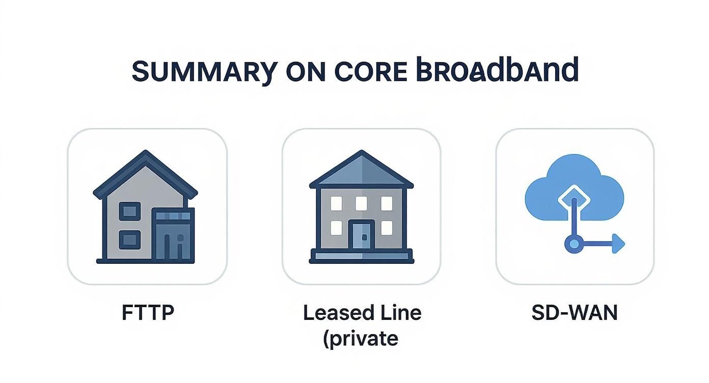 Finding Your Best Business Broadband Solutions Infographic Comparing Business Broadband Solutions Showing Fttp As A Shared Building, A Leased Line As A Private Building, And Sd-Wan As A Cloud Network Icon.