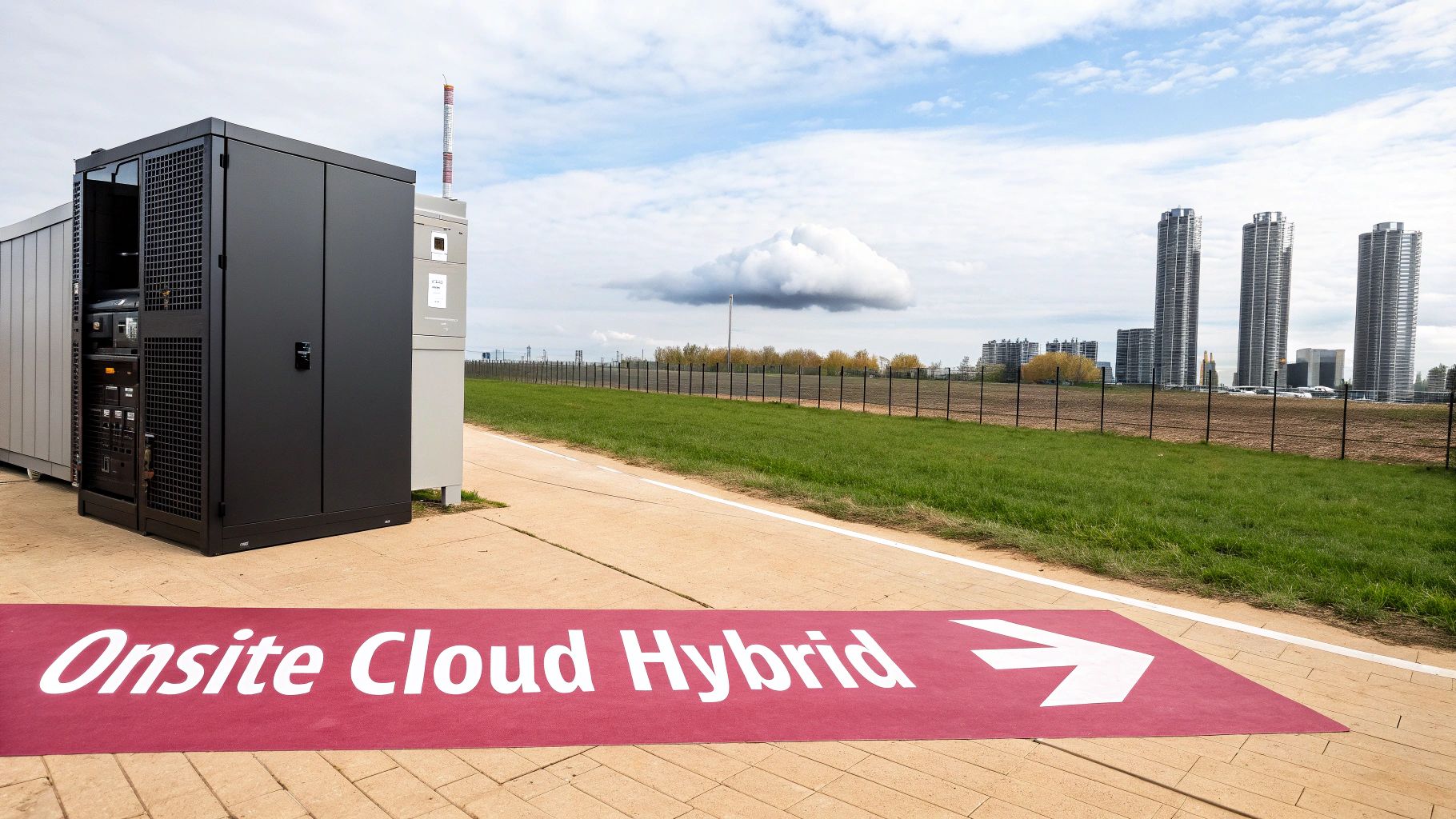 An Outdoor Server Rack Next To A Sign Reading 'Onsite Cloud Hybrid' Pointing Towards City Buildings.