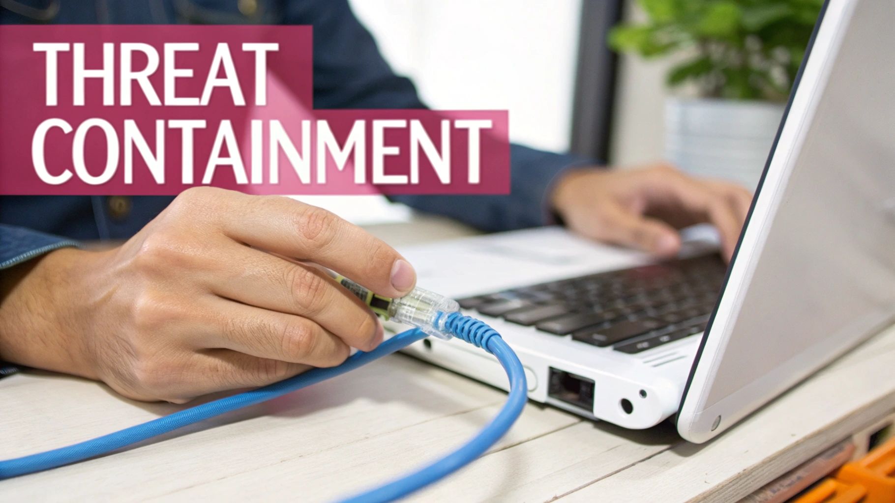 A Practical Guide To Cyber Security Incident Response Steps Hands Connecting A Blue Ethernet Cable To A White Laptop, Showing 'Threat Containment' For Cybersecurity.