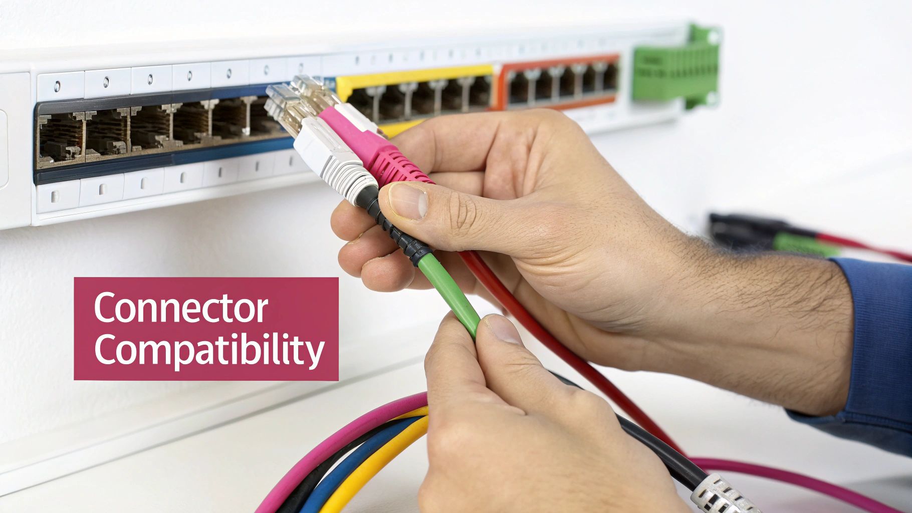 A Person Connecting Colorful Ethernet Cables With Rj45 Connectors To A Network Patch Panel.