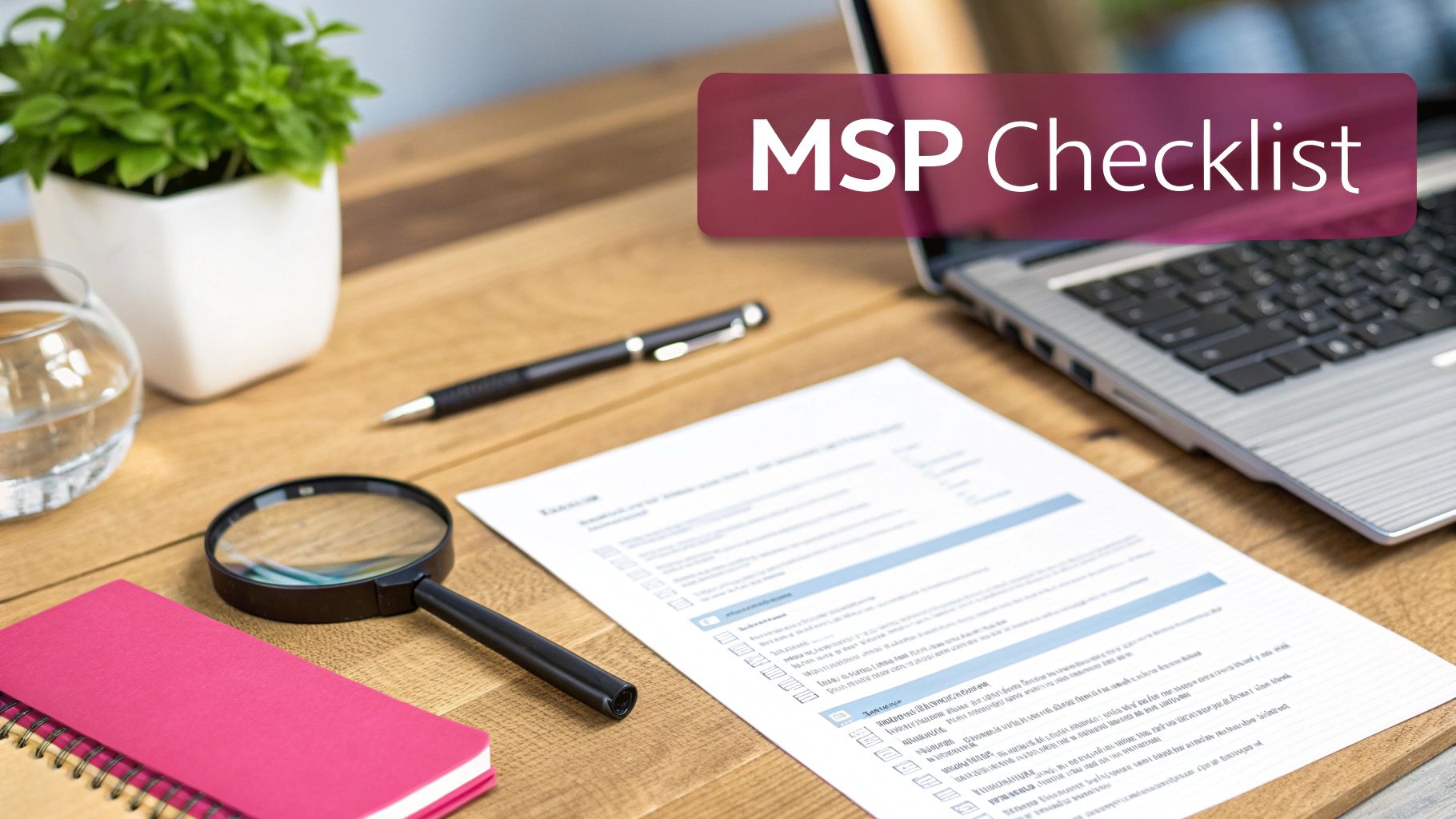 A Desk Setup Featuring A Laptop, An Msp Checklist Document, A Pen, Magnifying Glass, And Office Supplies.