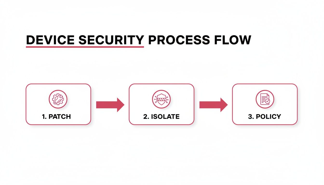 Device Security Process Flow Diagram Illustrating Three Sequential Steps: Patch, Isolate, And Policy With Icons.