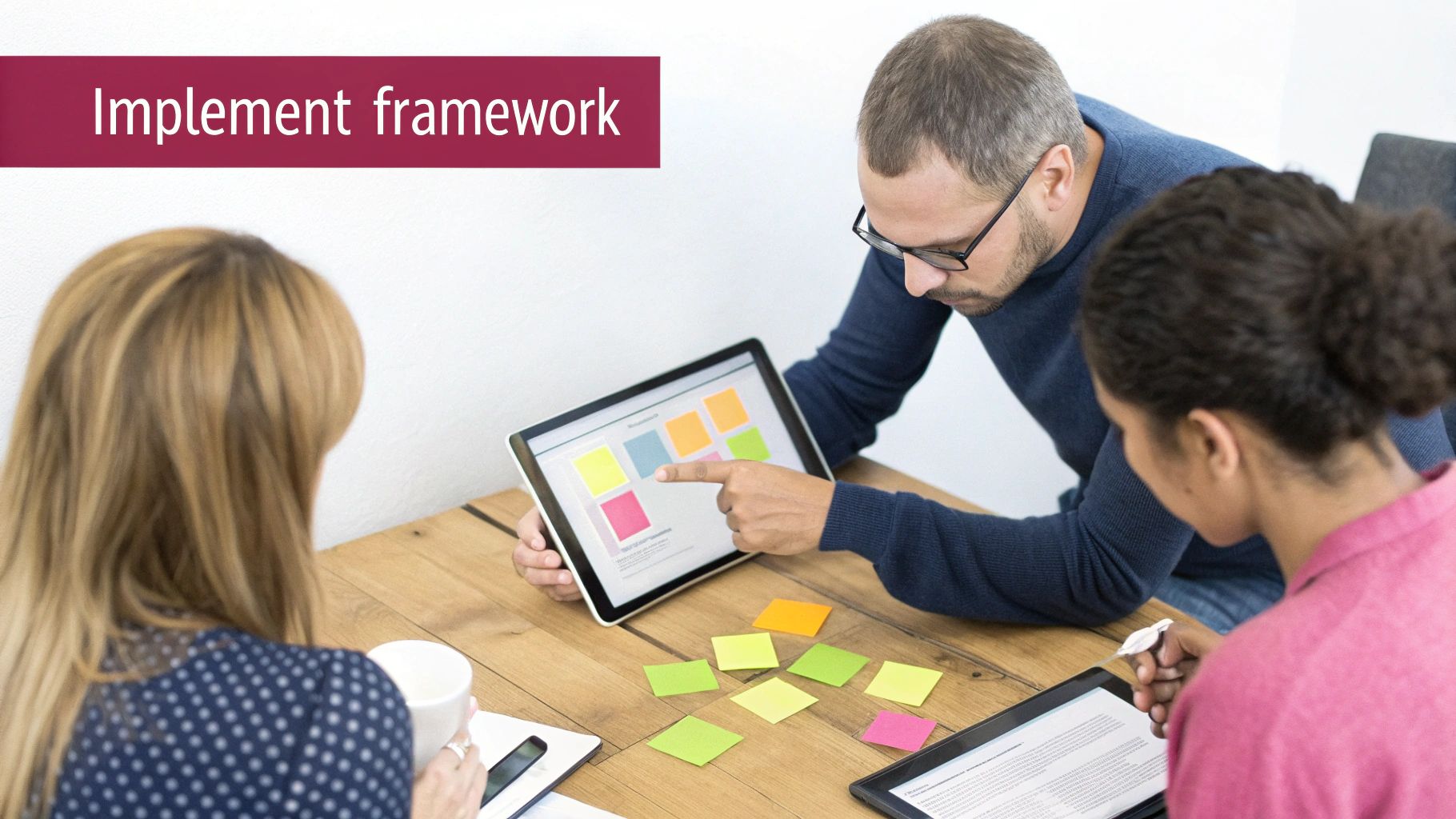 What Is Risk Management Framework: A Uk Guide To Resilience An Image Showing A Team Collaborating Around A Table, Implementing Their Risk Management Framework With Sticky Notes And Charts.