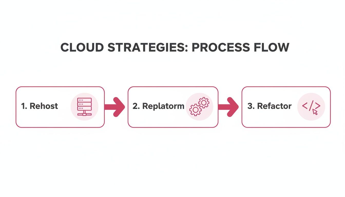 A Process Flow Diagram Shows Cloud Migration Strategies: Rehost, Replatform, Refactor Steps.