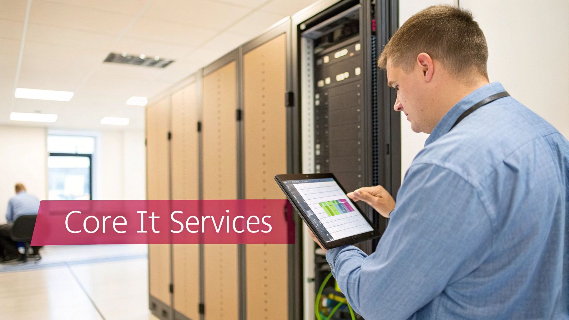 Choosing Managed It Service Companies: A Guide For Smbs It Professional Monitoring Server Infrastructure With Tablet Displaying Core It Services Dashboard