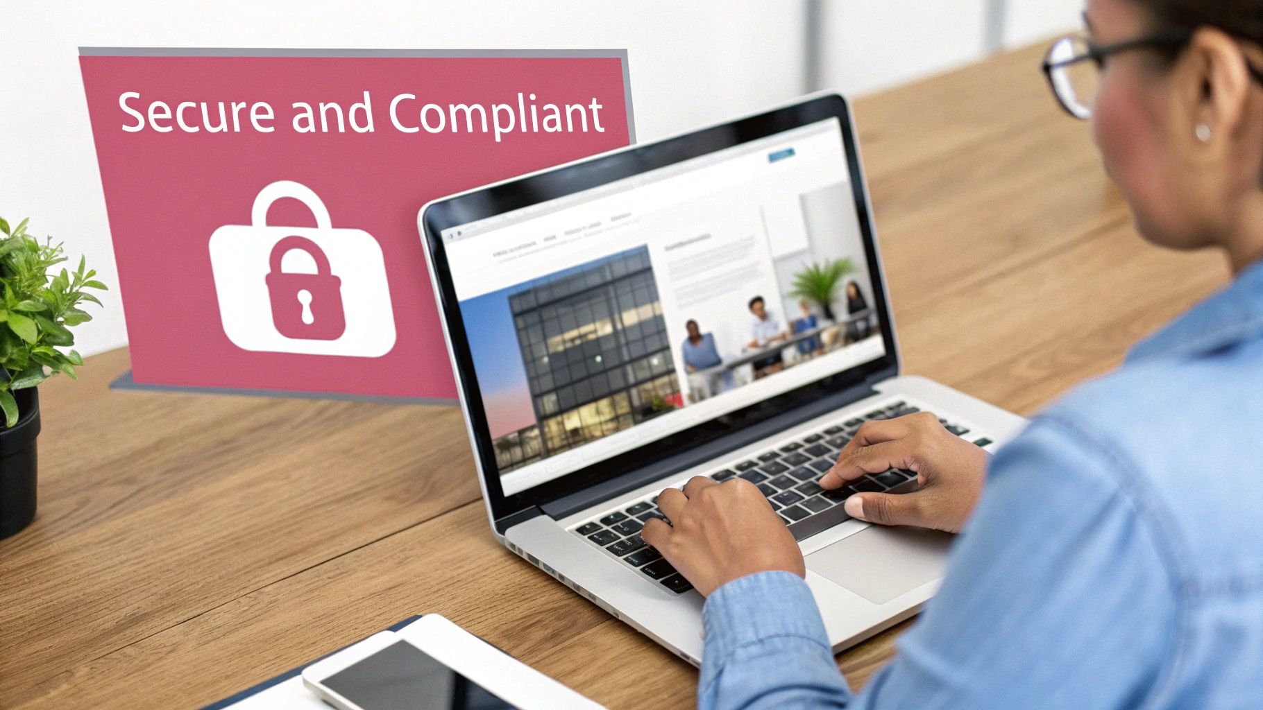 A Person Works On A Laptop At A Wooden Desk With A 'Secure And Compliant' Sign And Padlock.