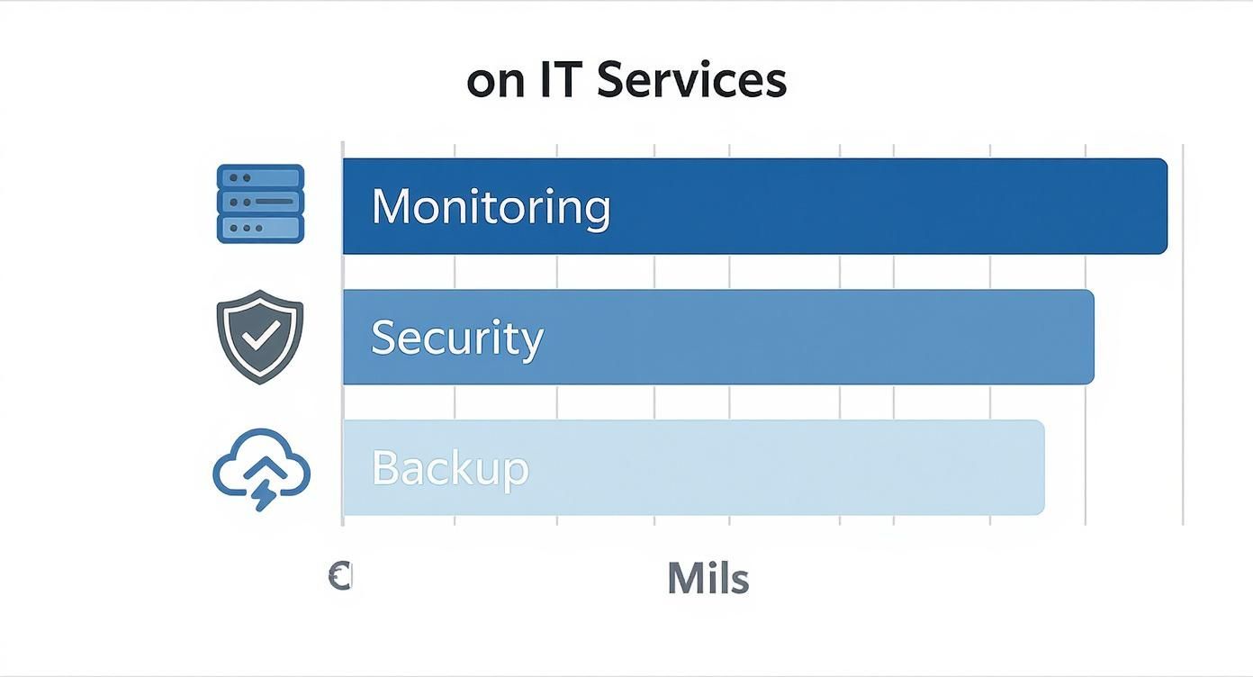 Horizontal Bar Chart Illustrating It Services: Monitoring, Security, And Backup, With Values In Mils.