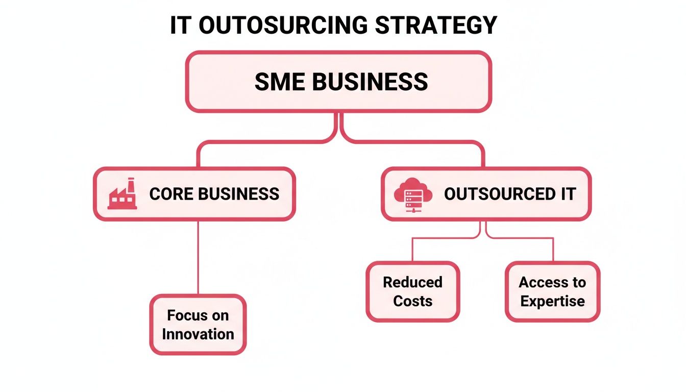 Diagram Showing An It Outsourcing Strategy For Sme Businesses, Detailing Benefits Like Reduced Costs And Access To Expertise.