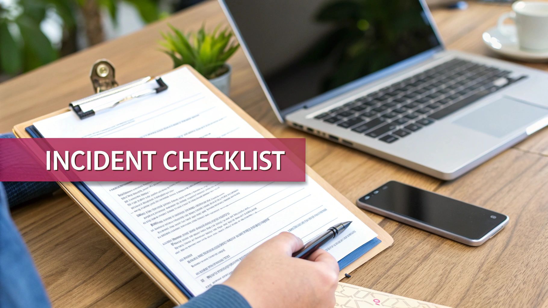 Cybersecurity For Small Businesses: An Essential Guide To Protecting Your Organisation A Person Fills Out An 'Incident Checklist' On A Clipboard With A Pen, Next To A Laptop And Smartphone.