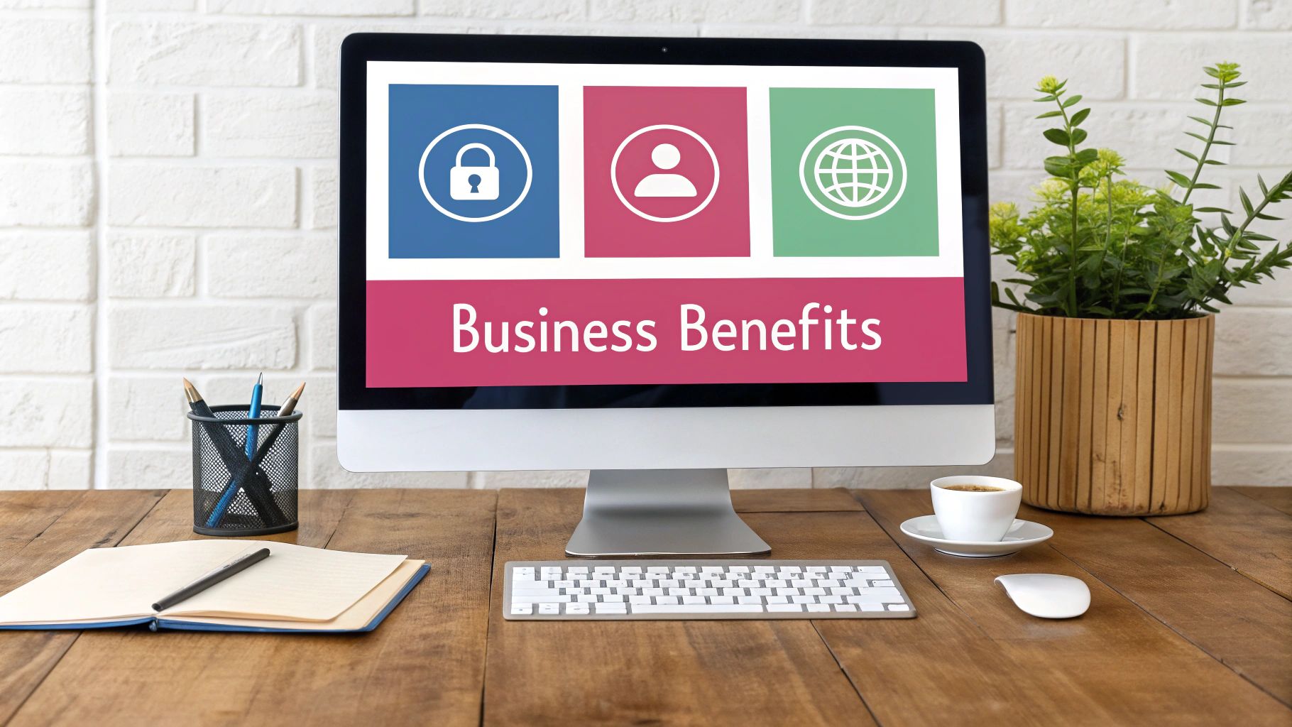 A Guide To Virtual Desktop Infrastructures For Uk Businesses A Modern Computer Screen Displays 'Business Benefits' With Security, User, And Global Icons On A Wooden Desk.