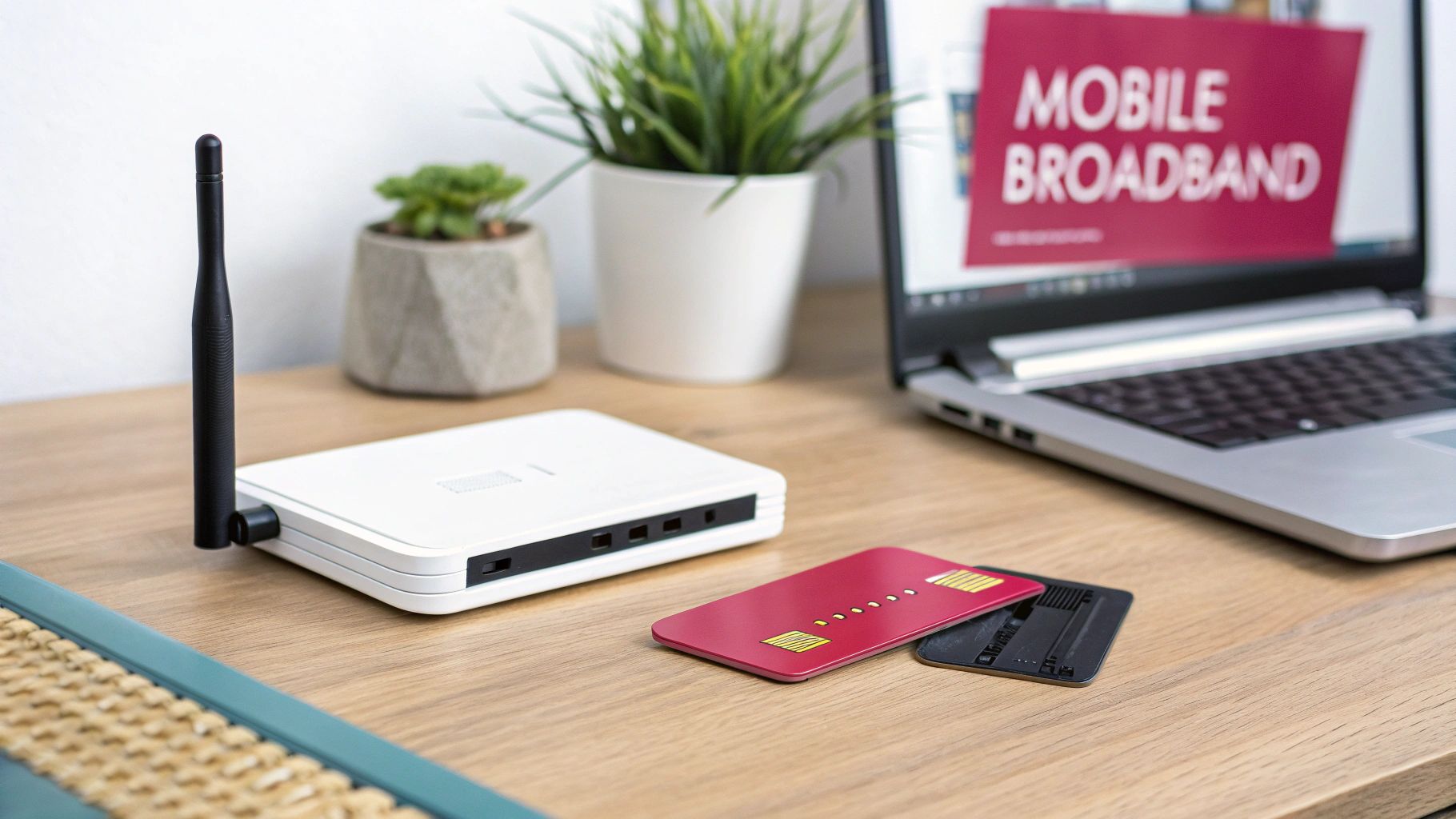 White Wireless Router, Red And Black Cards, And A Laptop Displaying 'Mobile Broadband' On A Wooden Desk.