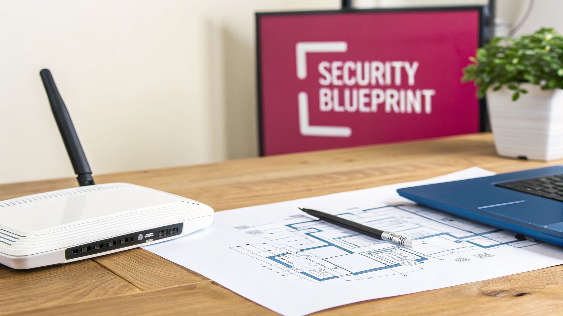 A Uk Business Guide To Securing A Wireless Network A Wireless Router, Laptop, Blueprint, And 'Security Blueprint' Sign On A Wooden Desk.