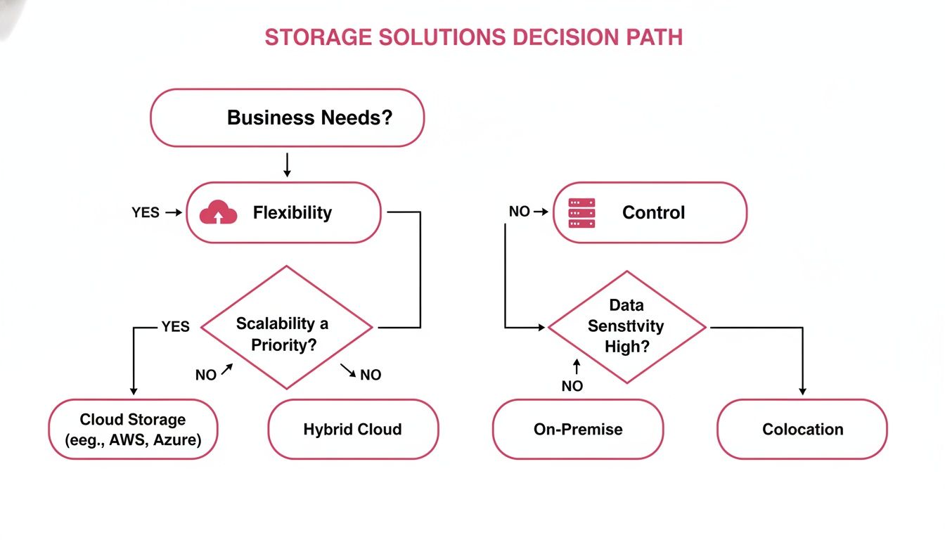 A Flowchart Outlining Storage Solution Options Including Cloud, Hybrid, On-Premise, And Colocation, Based On Business Needs.