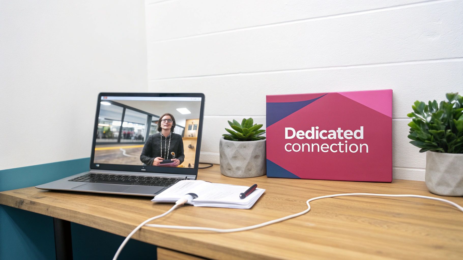 Your Guide To A Business Leased Line In The Uk Laptop On A Desk With A Video Call, 'Dedicated Connection' Sign, Plants, And Notebook.