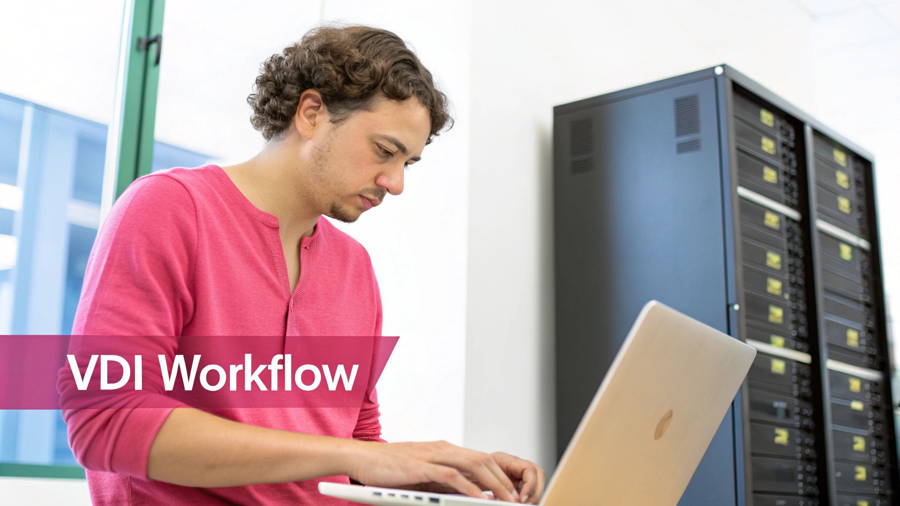 Vdi: What Is It? A Complete Guide For Uk Businesses Man In A Pink Shirt Typing On A Laptop In A Server Room, With Vdi Workflow Banner.