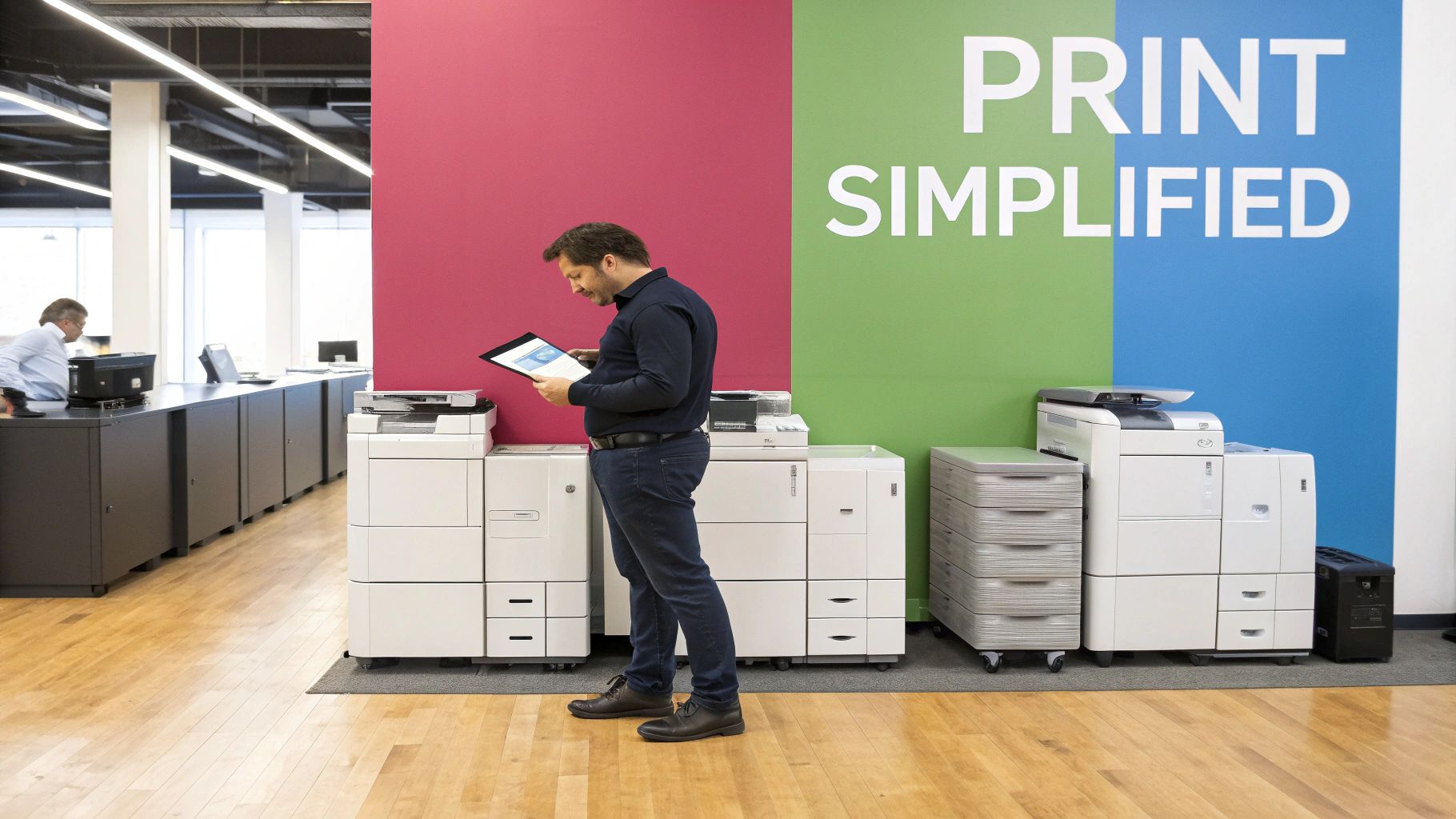 Your Guide To A Managed Print Solution A Man Reviews A Tablet In Front Of Modern Office Printers In A Colorful Showroom.
