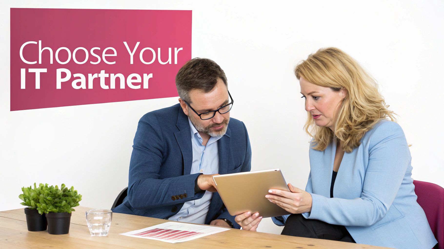 Unlocking Growth With An It Solutions Business Two Business Professionals Discussing On A Digital Tablet In Front Of A 'Choose Your It Partner' Banner.