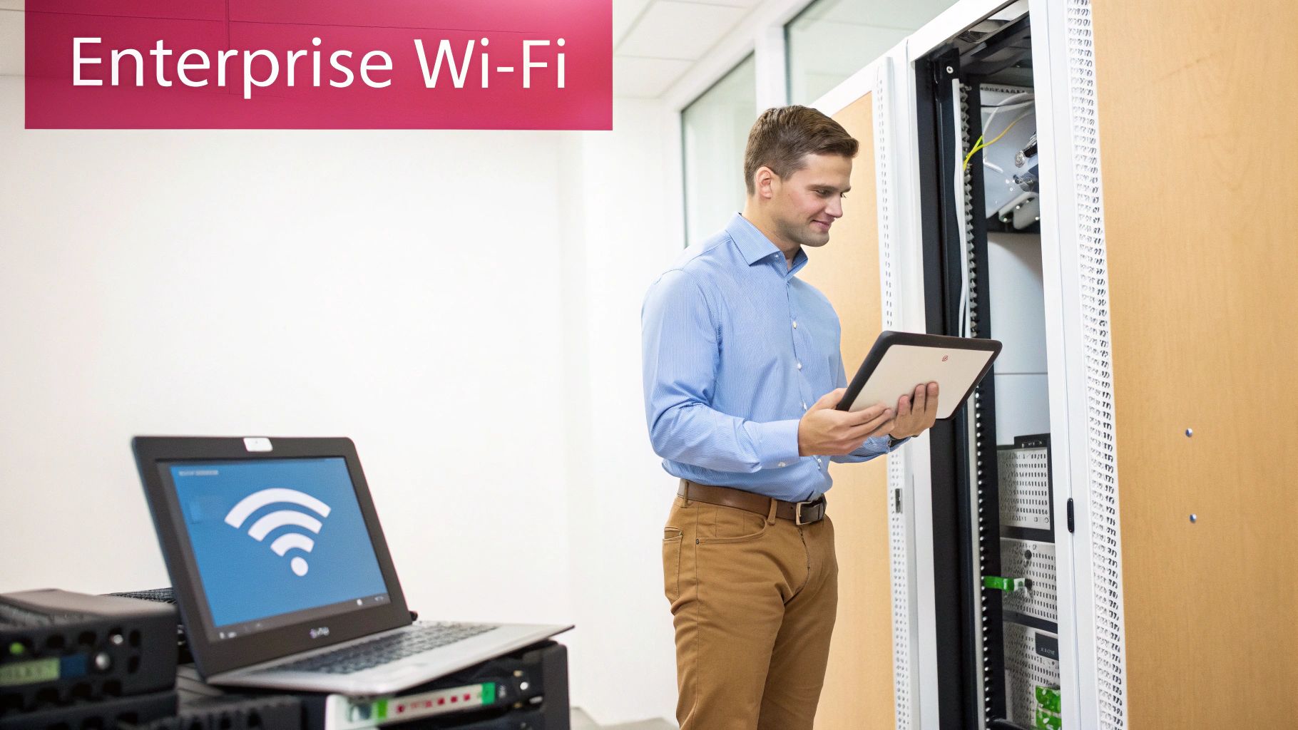 A Technician Reviews Network Settings On A Tablet In A Server Room With A Laptop Showing Wi-Fi.