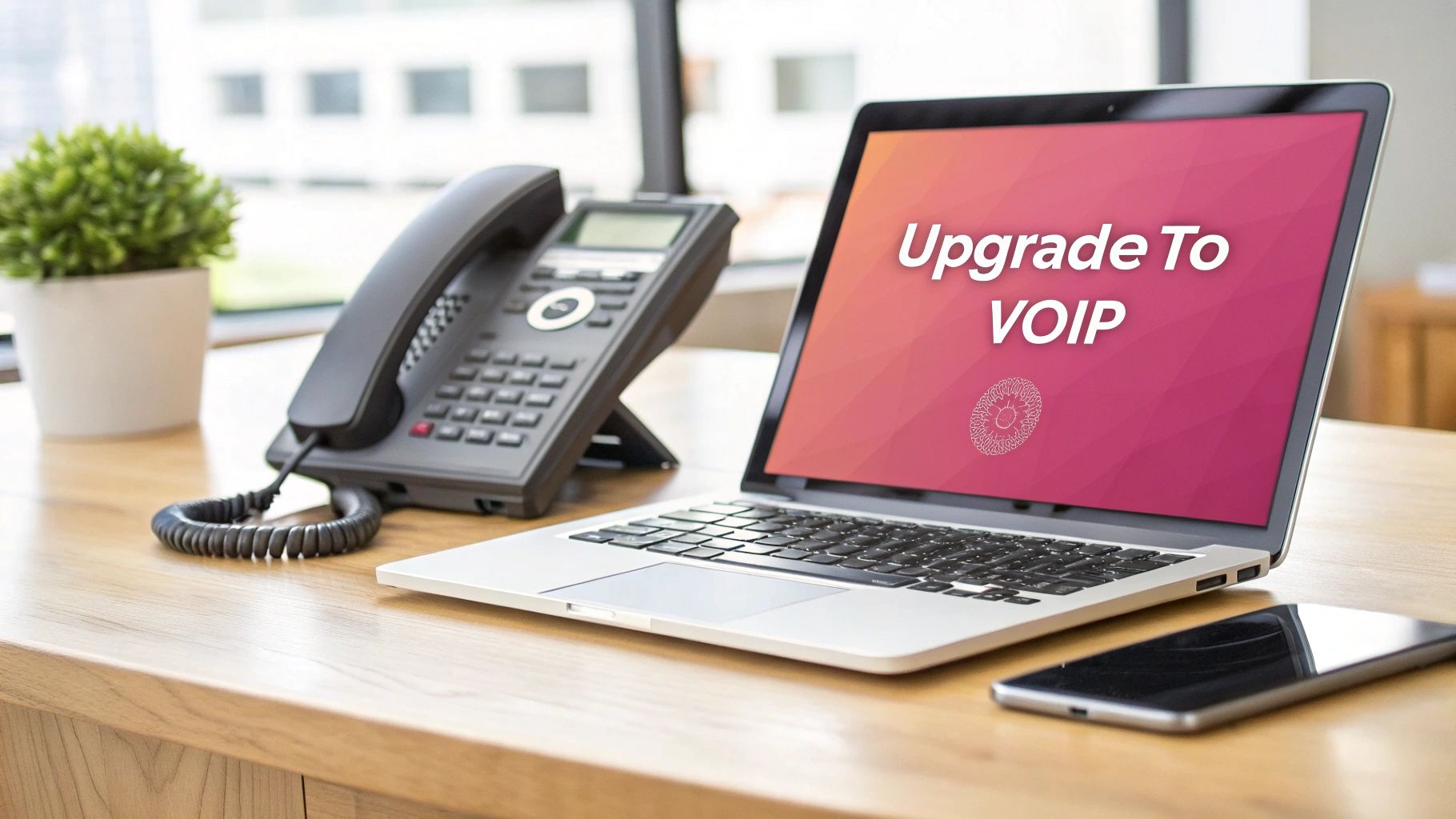 An Office Desk With A Traditional Phone, A Laptop Displaying 'Upgrade To Voip', And A Smartphone.
