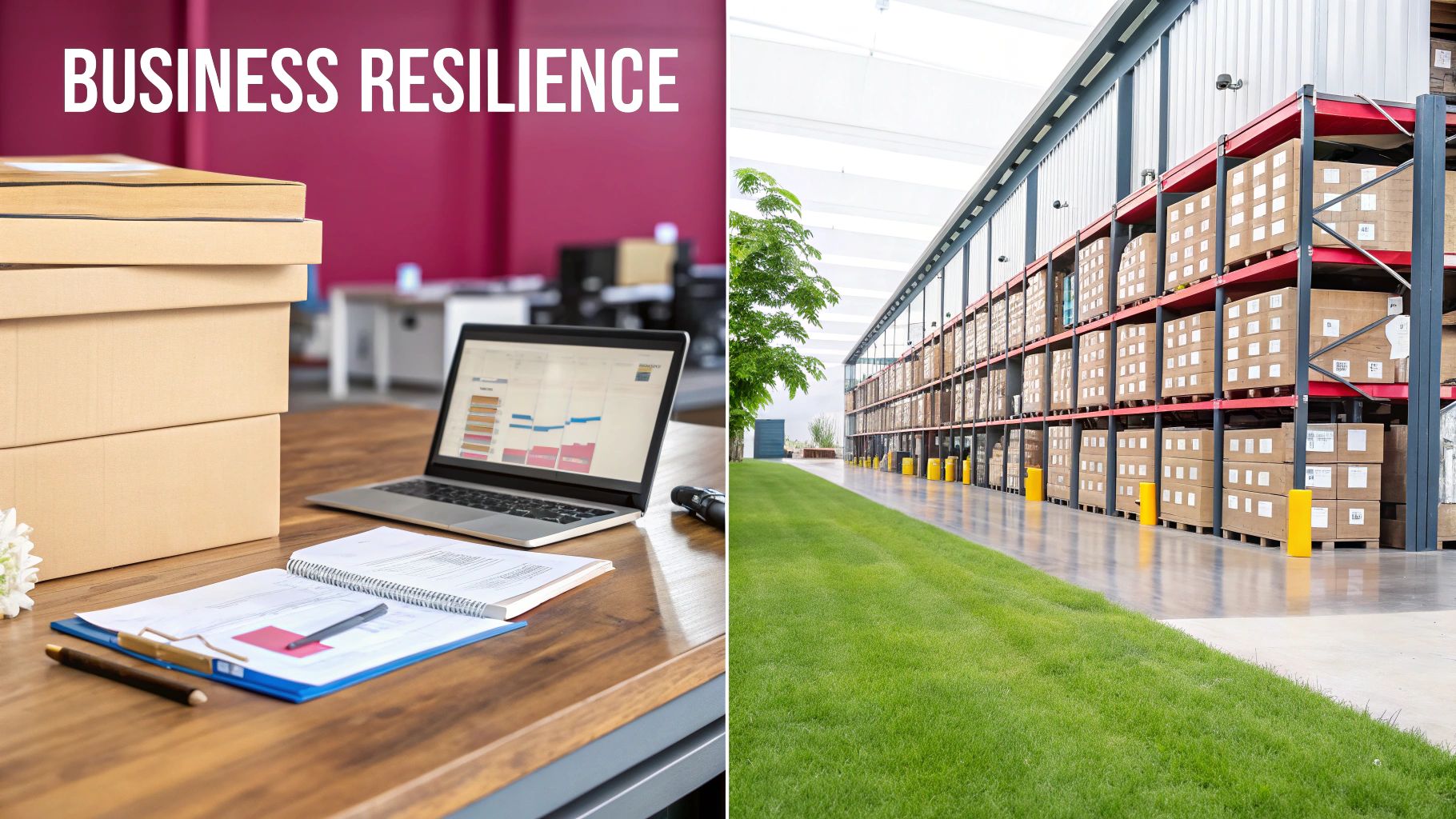 Business Resilience Concept: An Office Desk With Laptop, Boxes, And Documents, Next To A Warehouse With Inventory.