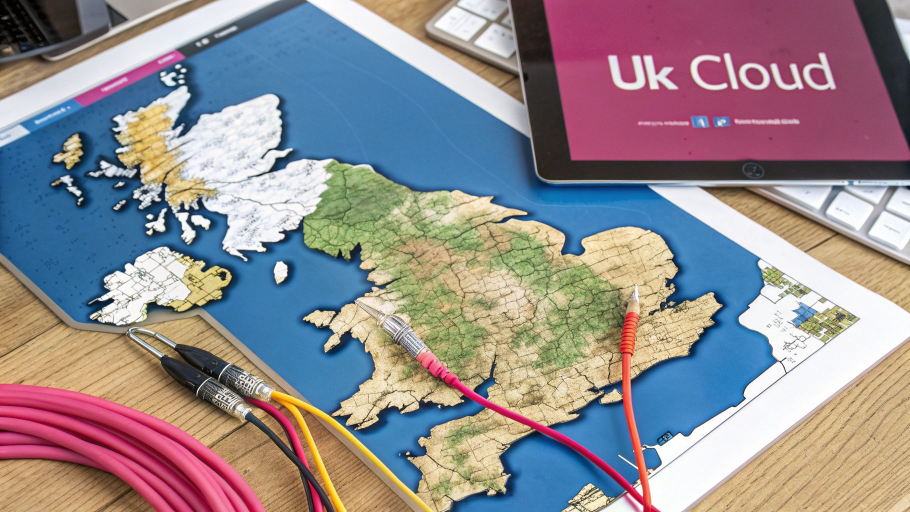 A Map Of The Uk Overlaid With Digital Network Lines, Representing The National Cloud Infrastructure.