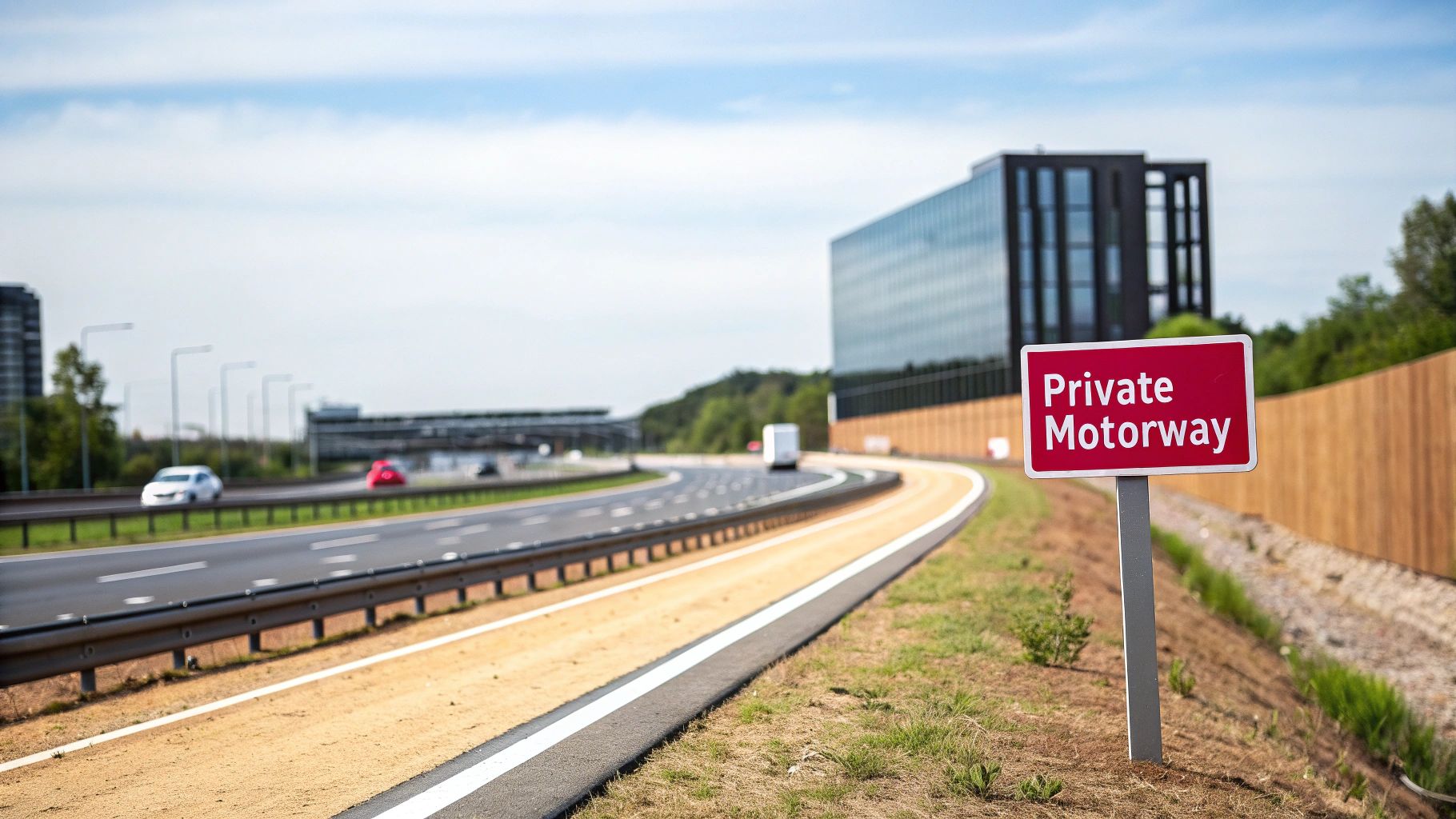 Your Guide To Leased Line Business Connectivity A Red Sign States 'Private Motorway' Beside A Modern Highway With Cars And A Large Building.