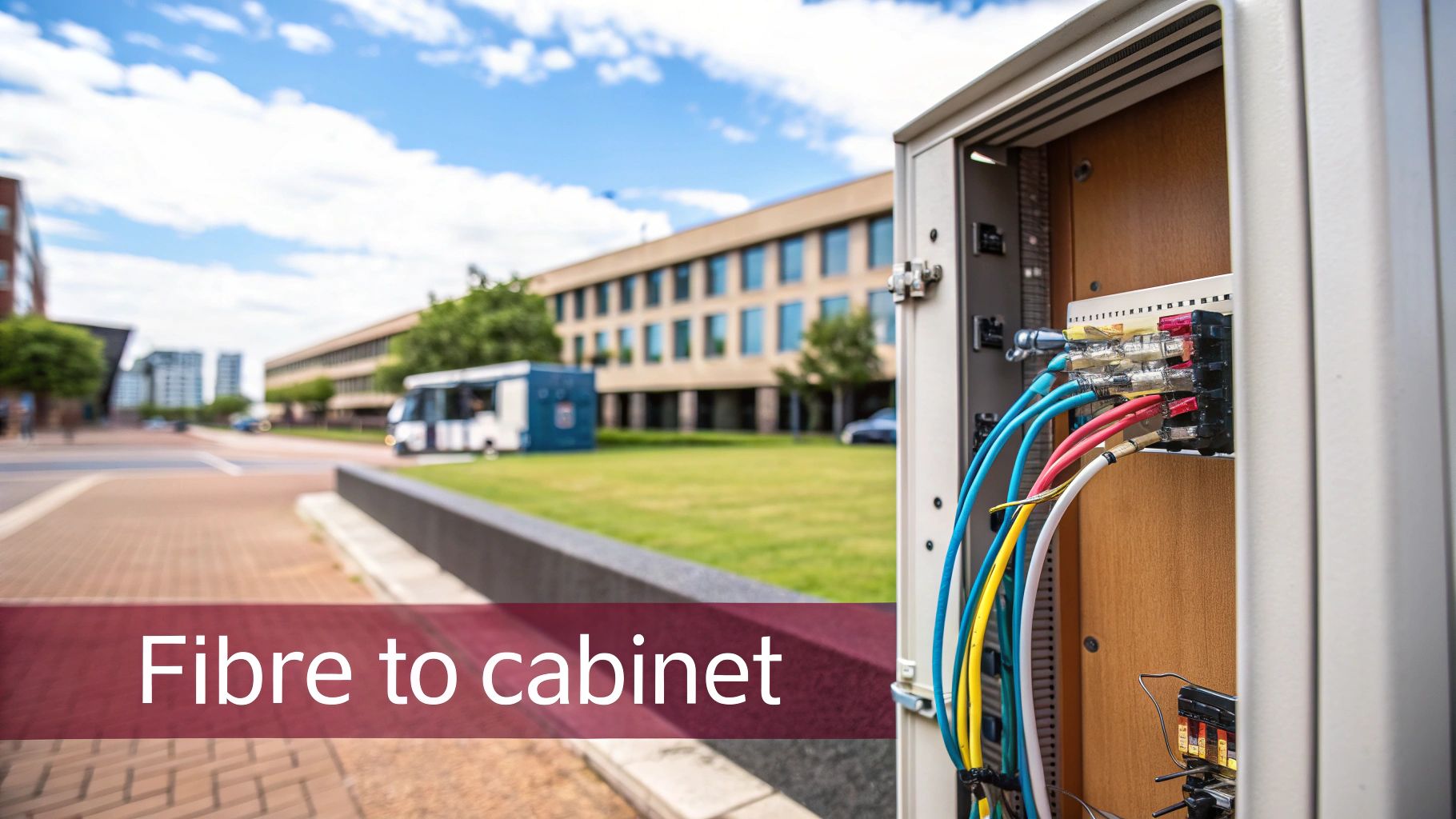 A Telecommunications Cabinet With Colorful Fibre Optic Cables, Set Against A Modern Building And Blue Sky.