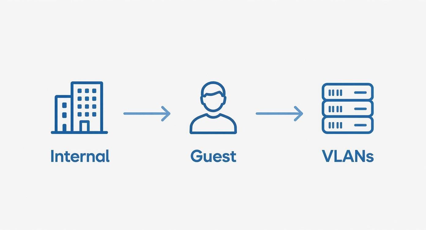 Securing Your Wireless Network: A Practical Guide For Uk Businesses Diagram Showing Network Access Flow From Internal Systems To Guest Users And Then To Vlans.