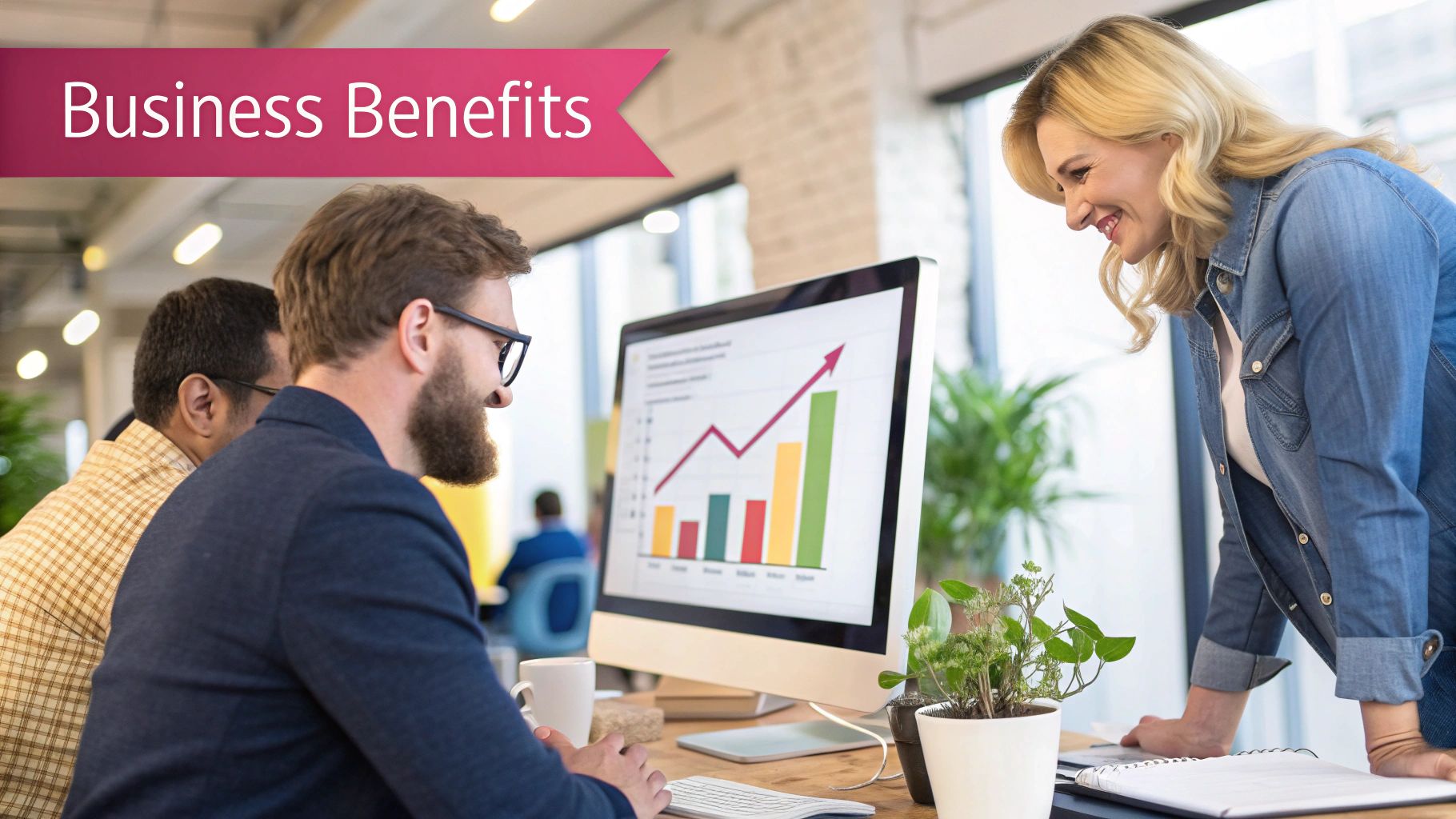 Smiling Business Professionals Analyze Growth Charts On A Computer, Discussing Business Benefits In An Office.