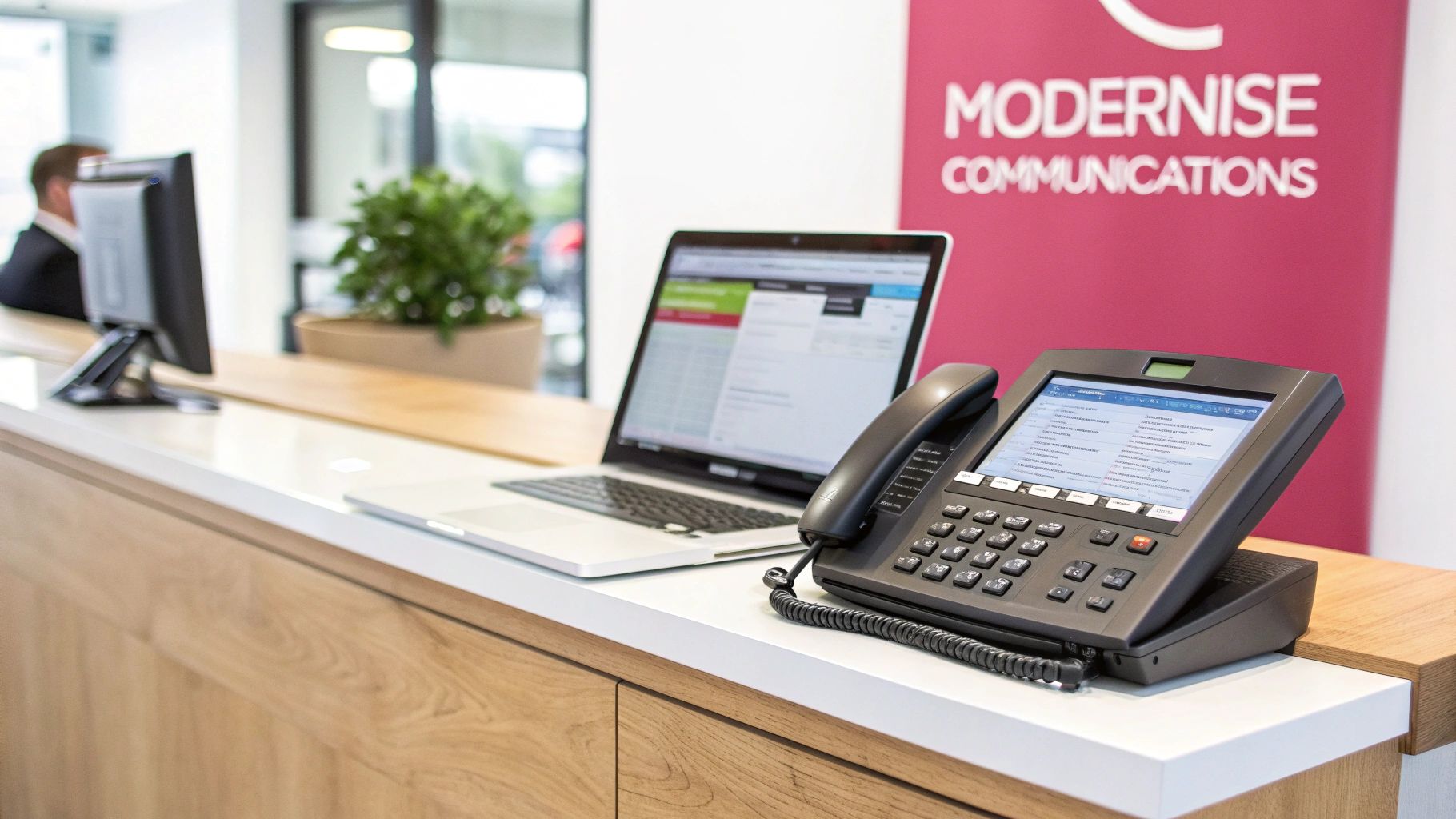 A Complete Guide To Ip Phone Services For Business Modern Business Office Reception Desk With Ip Phone System, Laptop, And Communications Branding Display