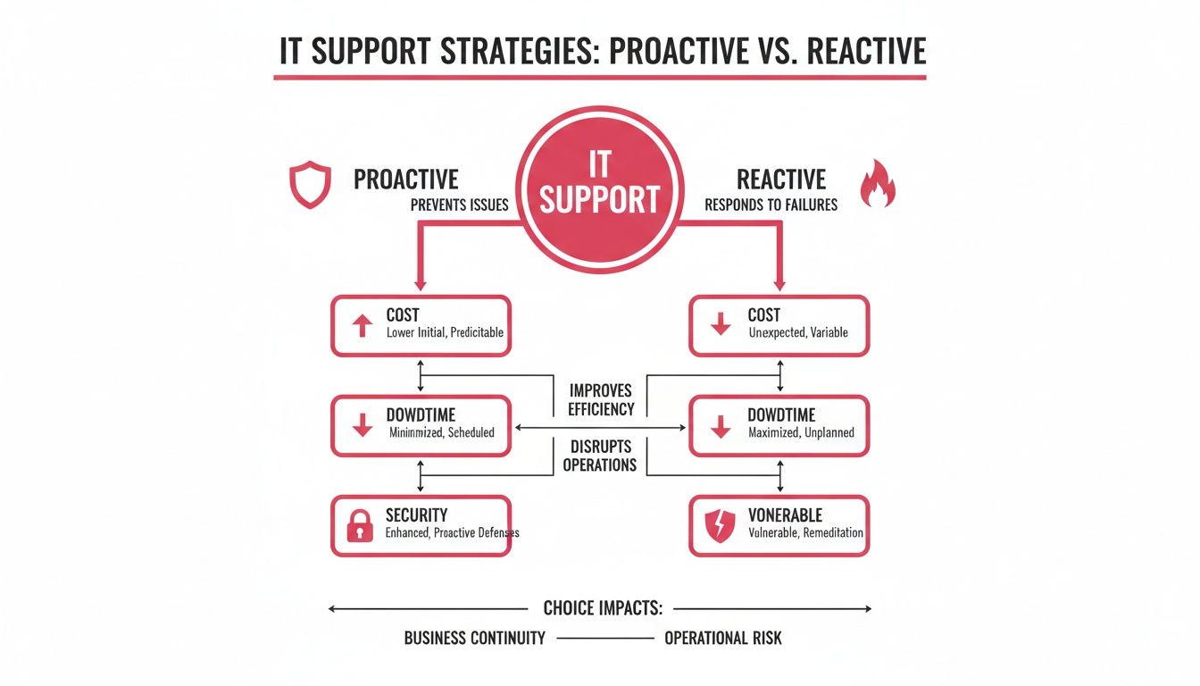 Flowchart Illustrating The Benefits And Drawbacks Of Proactive Versus Reactive It Support Strategies.
