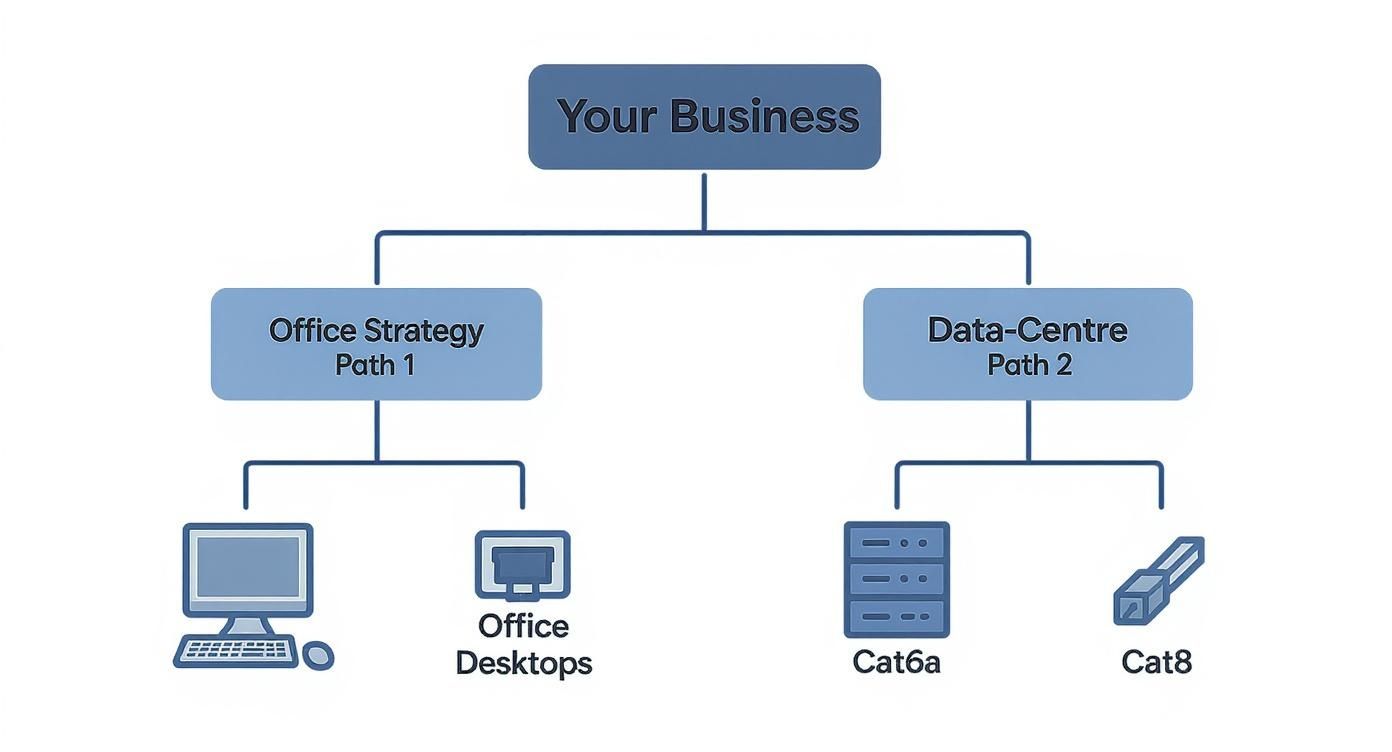 Cat6 Vs Cat8: The Right Choice For Your Professional Services Firm Network Infrastructure Diagram Comparing Office Strategy Path And Data Centre Cabling Paths For Business