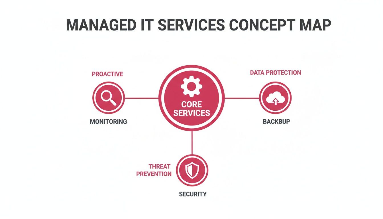 Concept Map Detailing Managed It Services: Proactive Monitoring, Data Protection Backup, And Threat Prevention Security.