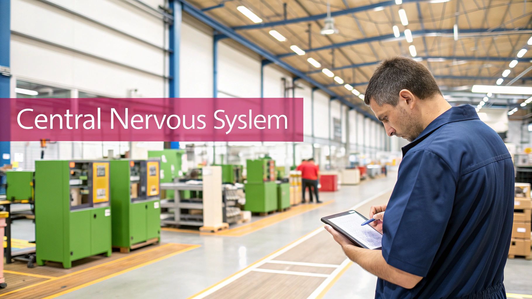 Erp In Manufacturing: A Guide To Boosting Efficiency And Cutting Costs Engineers Collaborating On A Factory Floor With A Digital Tablet