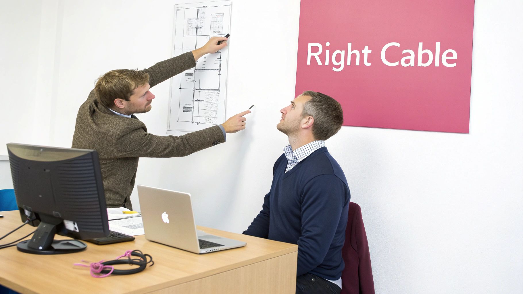 Two Men In An Office Discuss A Wall Diagram, One Pointing While The Other Listens.