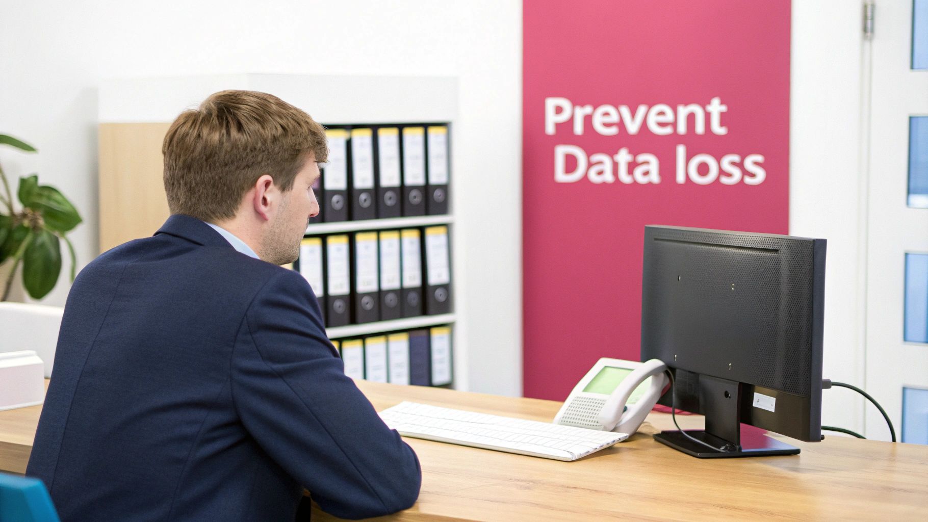 A Uk Business Guide To Preventing Data Loss Man In A Suit Working At A Desk With A Monitor, Next To A 'Prevent Data Loss' Sign.
