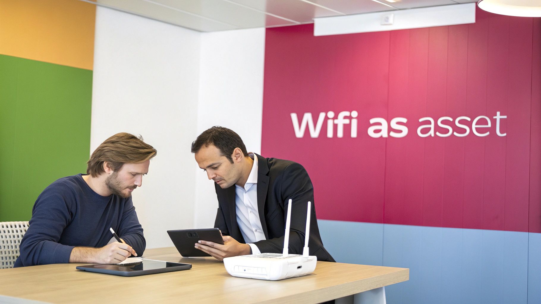 Unlocking Growth With Wifi Business Solutions Two Businessmen Discuss Modern Wifi Solutions, Holding Tablets Next To A Router, With 'Wifi As Asset' On The Wall.