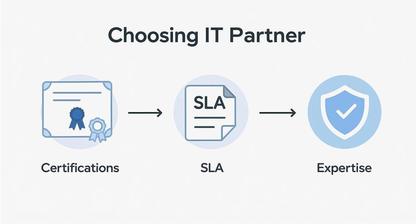 Choosing Managed It Service Companies: A Guide For Smbs It Partner Selection Process Showing Certifications, Sla Agreement, And Expertise Shield With Checkmark Icons