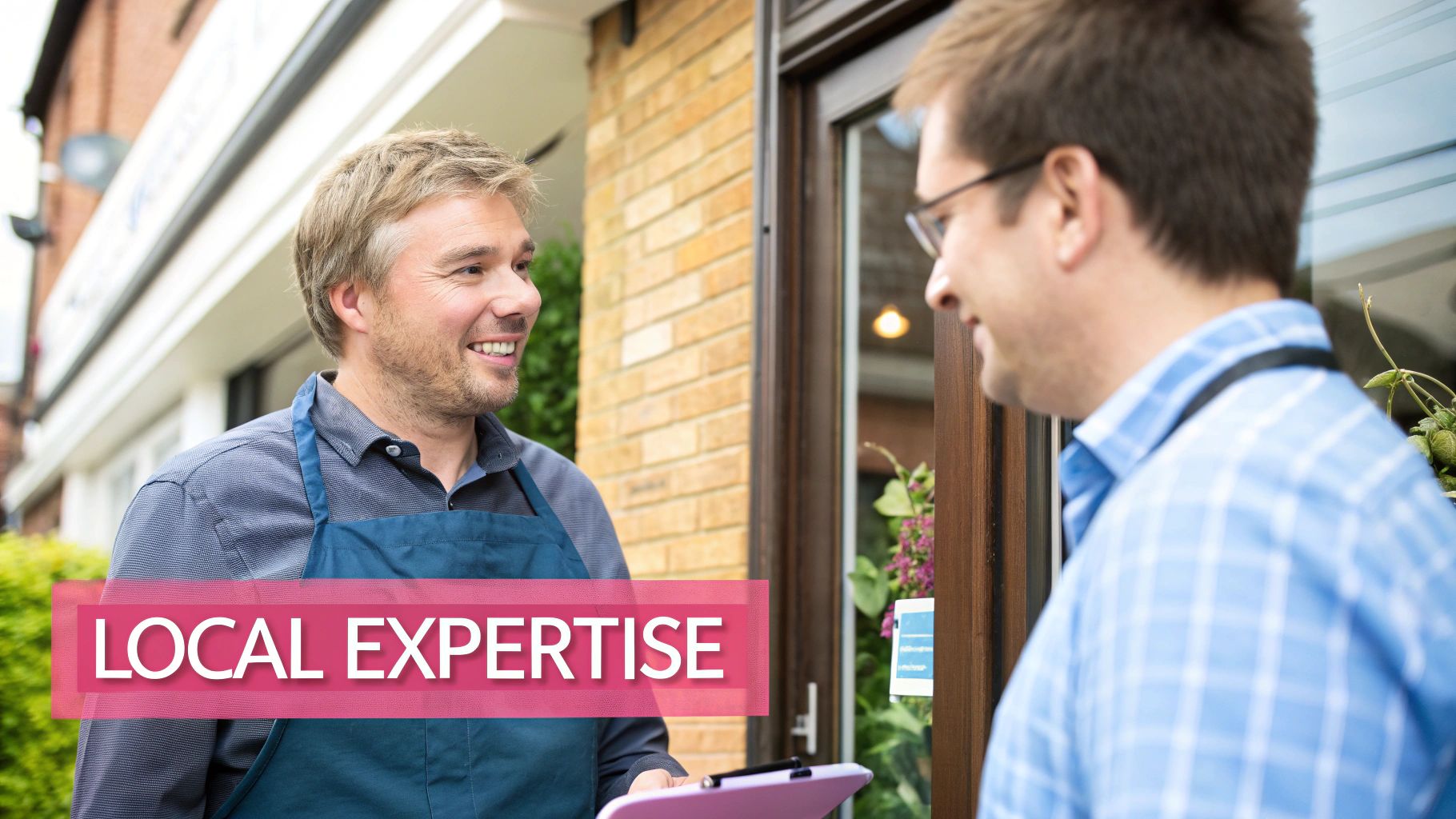 A Friendly Business Owner In An Apron Talks To A Customer Outside His Shop, Representing Local Expertise.