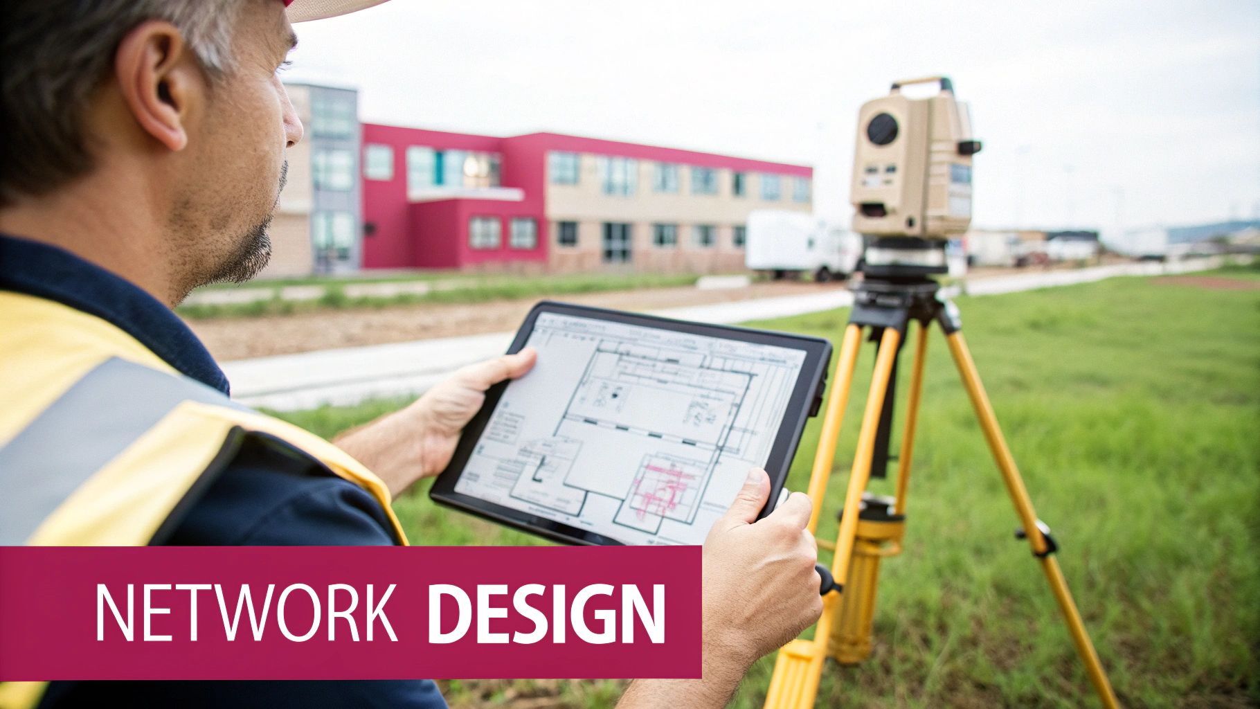 A Uk Business Guide To Securing A Wireless Network An Engineer Or Surveyor Reviews A Building Blueprint On A Tablet, With Surveying Equipment And A New Building In The Background.