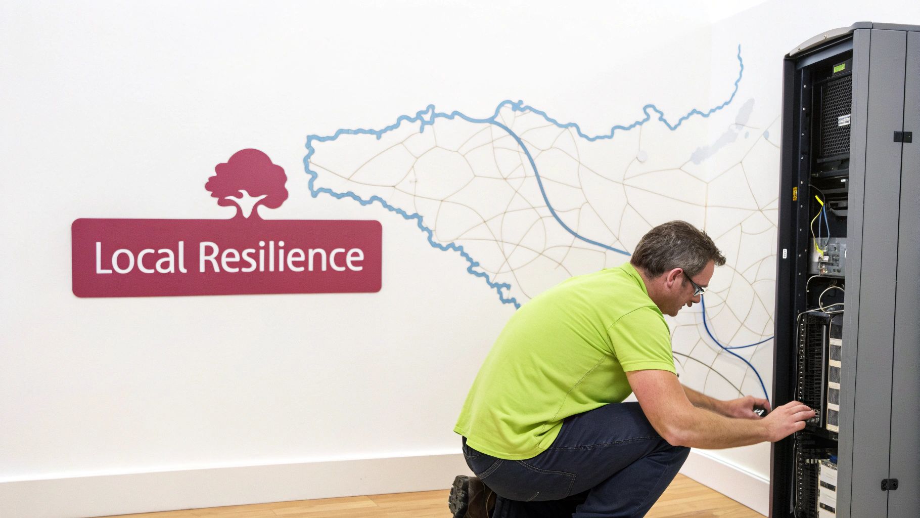 A Technician In A Green Shirt Works On A Server Rack Next To A 'Local Resilience' Sign.