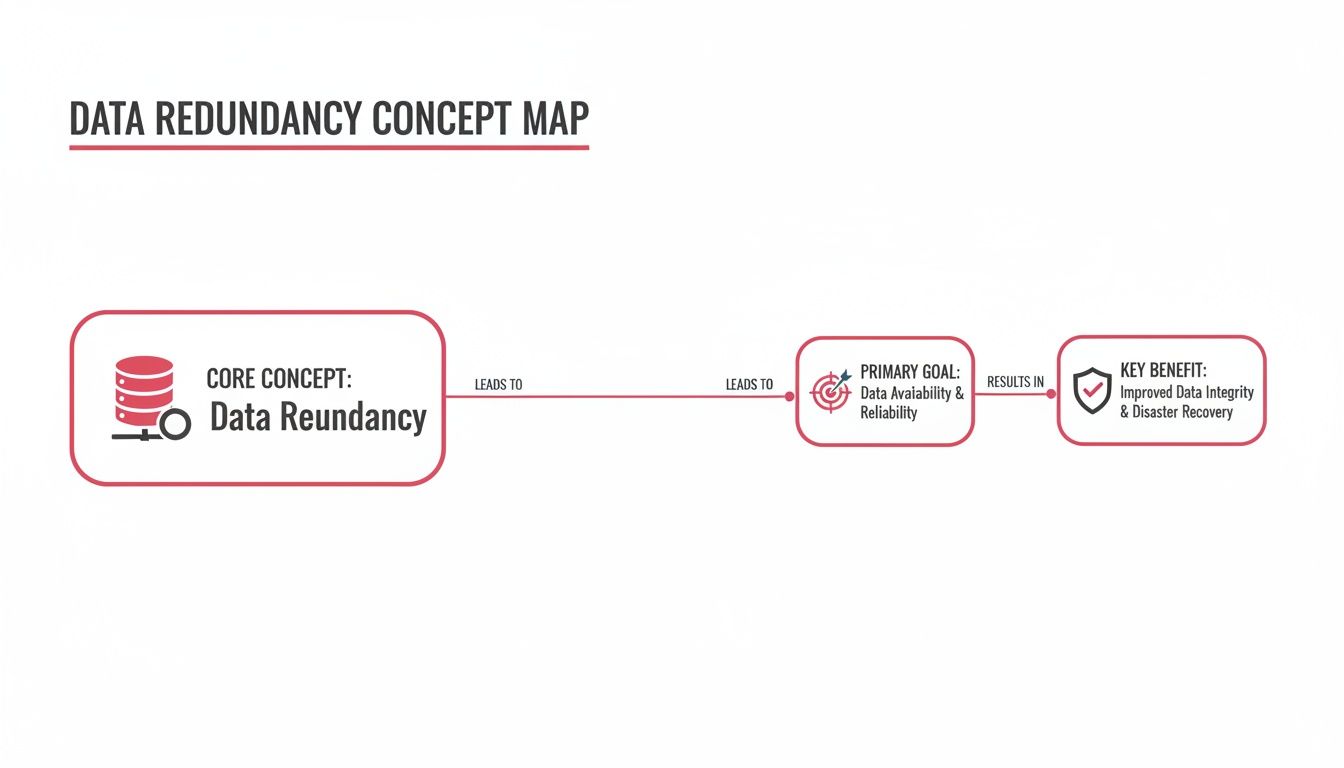 Concept Map Illustrating Data Redundancy, Its Goals For Data Availability And Reliability, And Key Benefits.